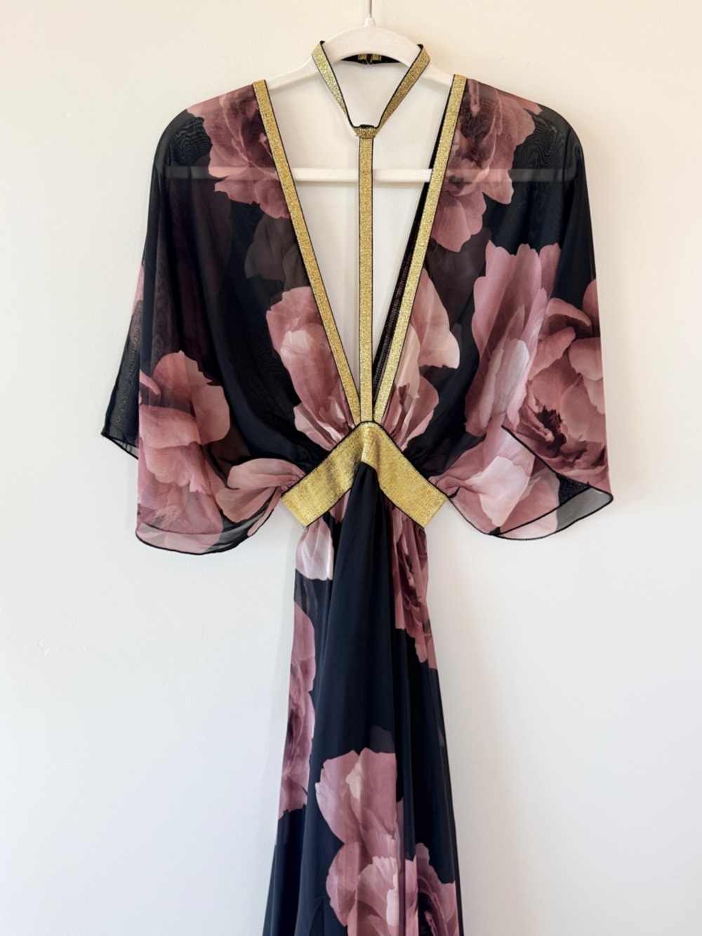 Jasmine Floral Chiffon Maxi Dress Black Pink Gold Empire Waist Size S - Picture 3 of 11